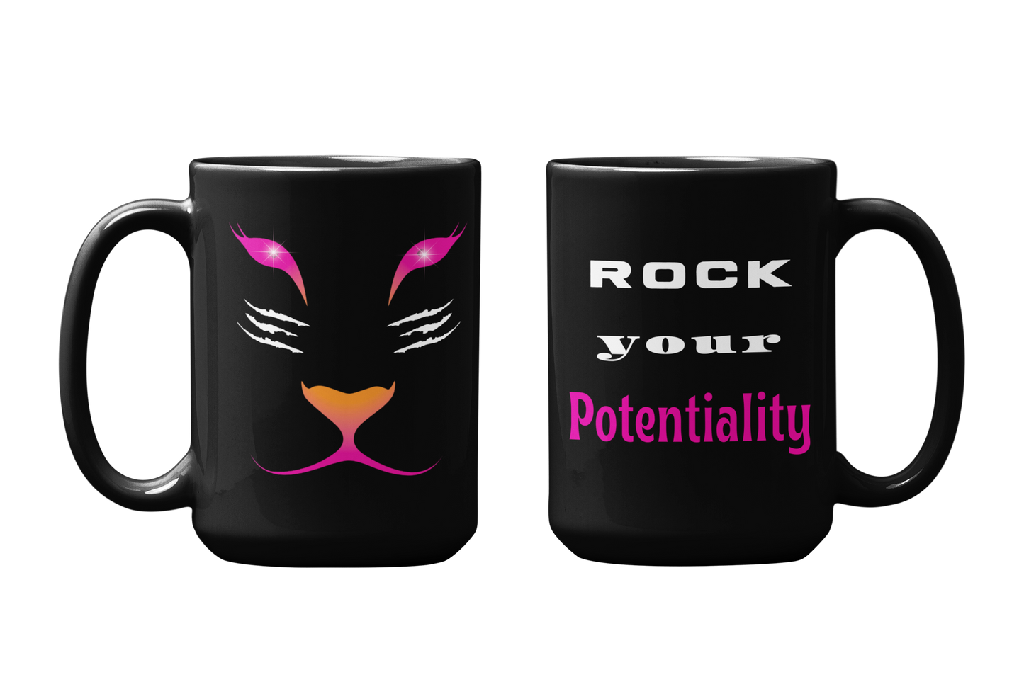 Black Glossy Coffee Mug With Words 'Rock Your Potentiality'. Lioness Face