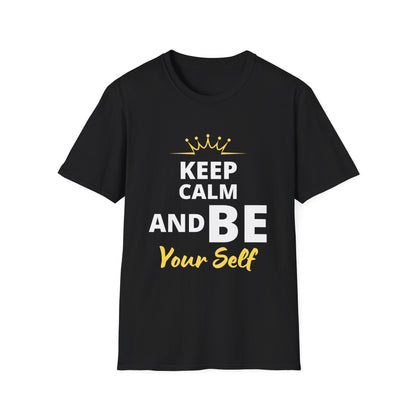 KEEP CALM AND BE YOURSELF Black T-Shirt Printed Relaxed, Soft T-Shirt