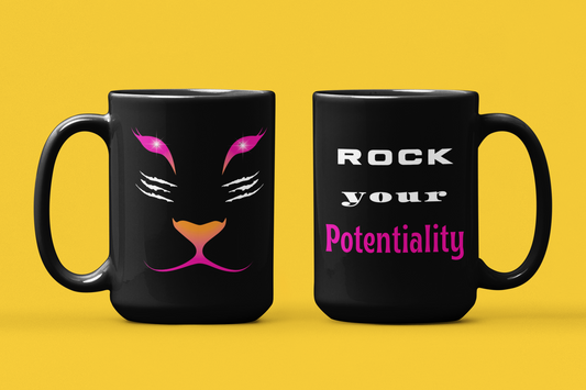 Black Glossy Coffee Mug With Words 'Rock Your Potentiality'. Lioness Face