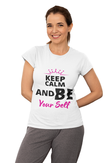 KEEP CALM AND BE YOURSELF White Printed Soft T-Shirt